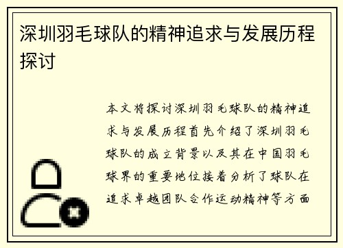深圳羽毛球队的精神追求与发展历程探讨